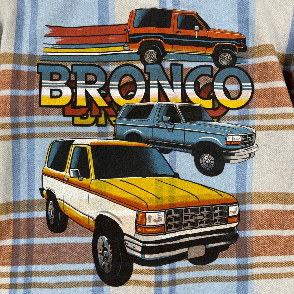 Ford Bronco Flannel Shirt Womens Small Blue Brown Plaid Graphic Back Shacket - Picture 10 of 12